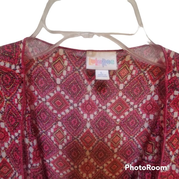 LuLaRoe Monroe Kimono Pink Multi-Color Chiffon Geometric Ivory Fringe Large - Picture 5 of 8